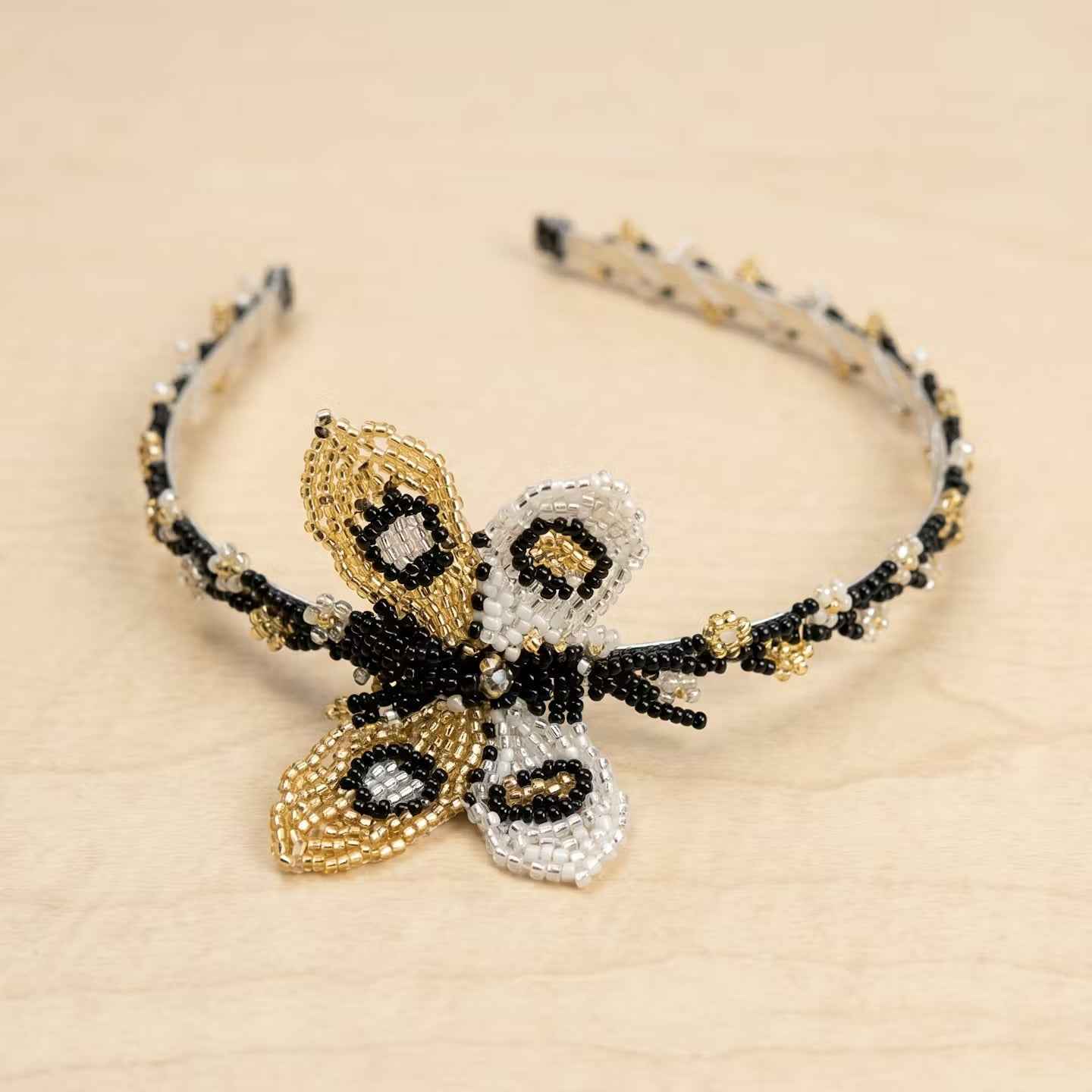 Beaded Headband with Butterfly Golden & White