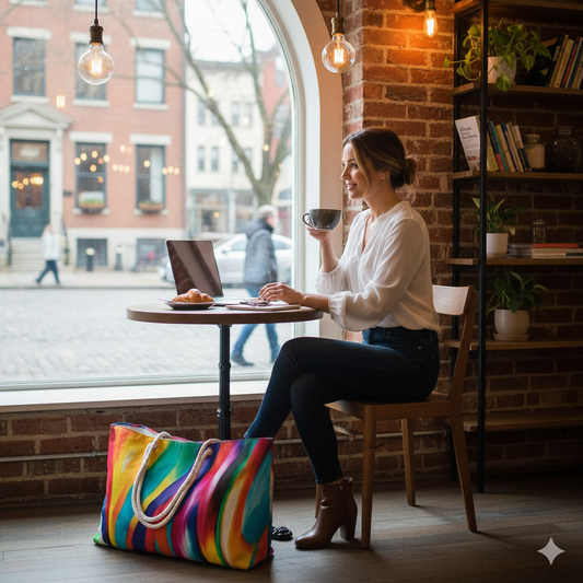 Colorful Abstract Wave Weekender Bag | Rainbow Stripes Large Tote Bag - AURABAGS SHOP