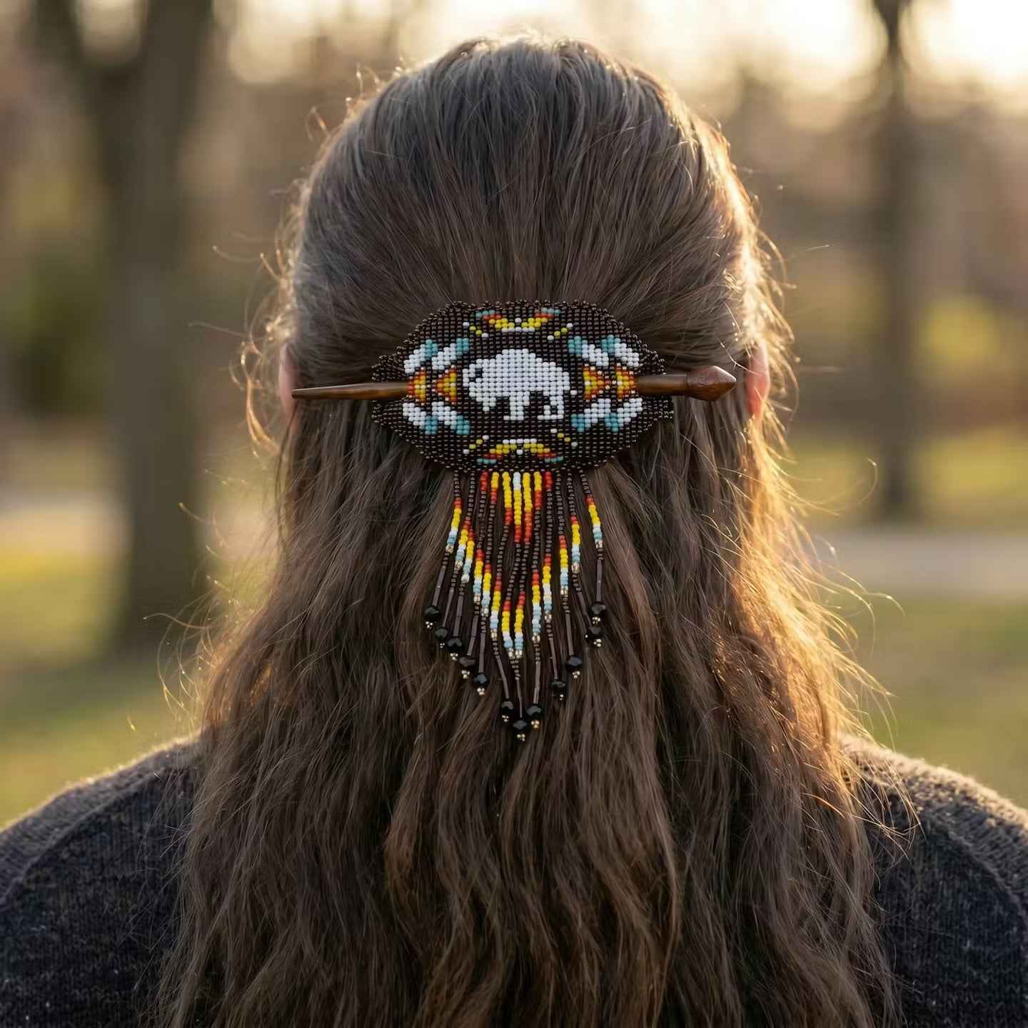 Buffalo Fringed Beaded Barrette & Wooden Stick