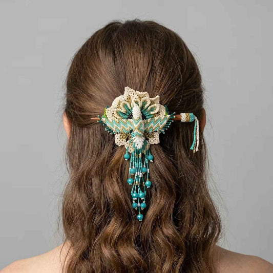 Maple Blossom Hummingbird Beaded Hair Stick Barrette Turquoise