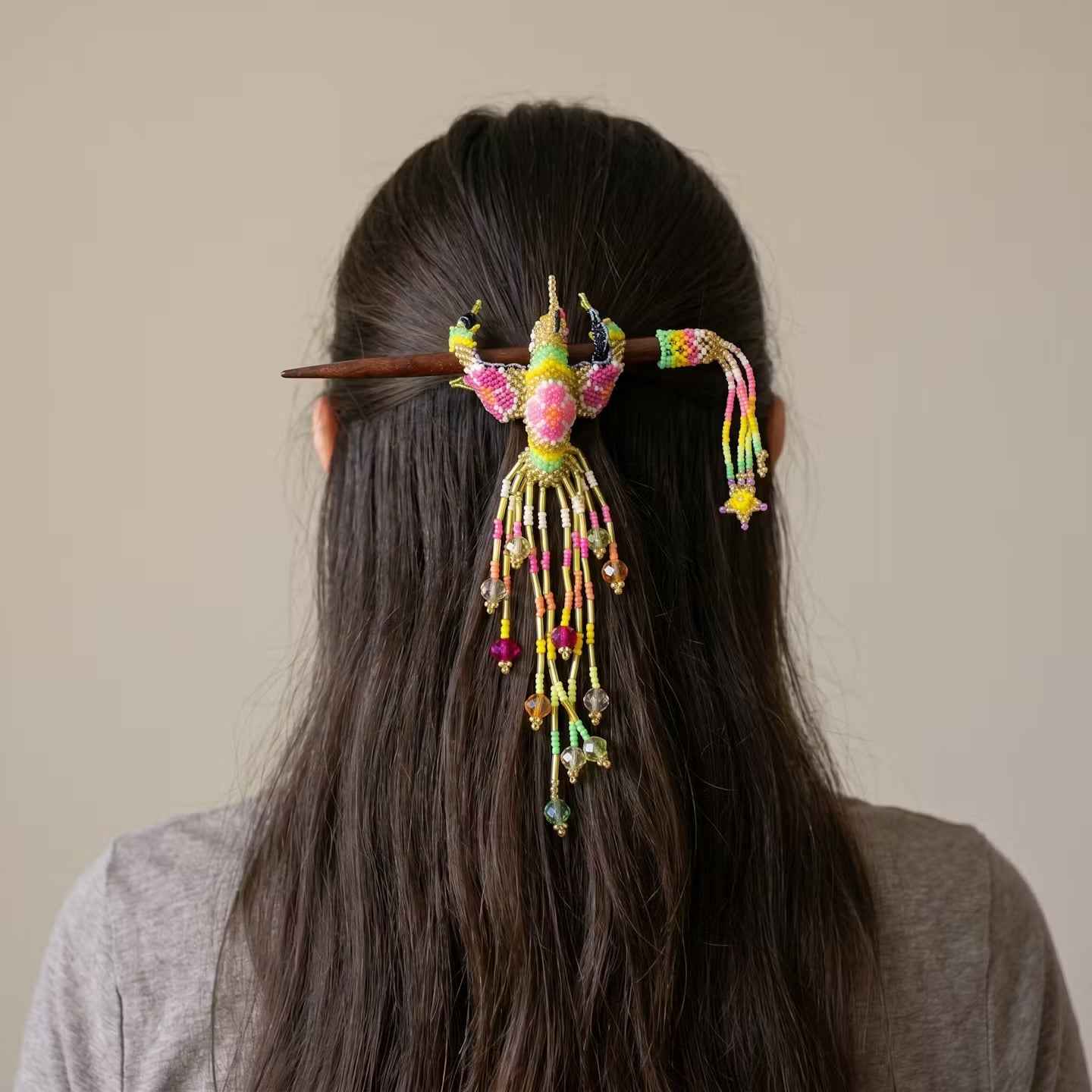 Golden Hummingbird Beaded Hair Stick