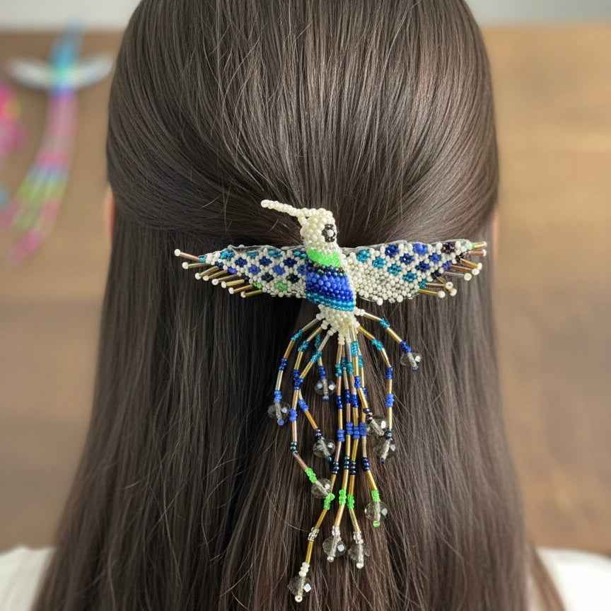 White Hummingbird Barrette with Fringes