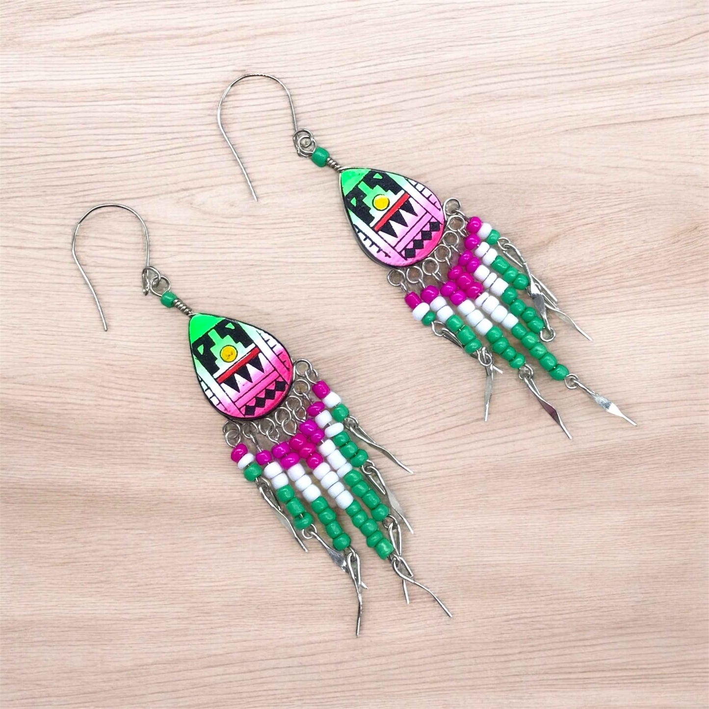 OldTribes™ Small Sized Southwestern Pink and Green Teardrop Earrings