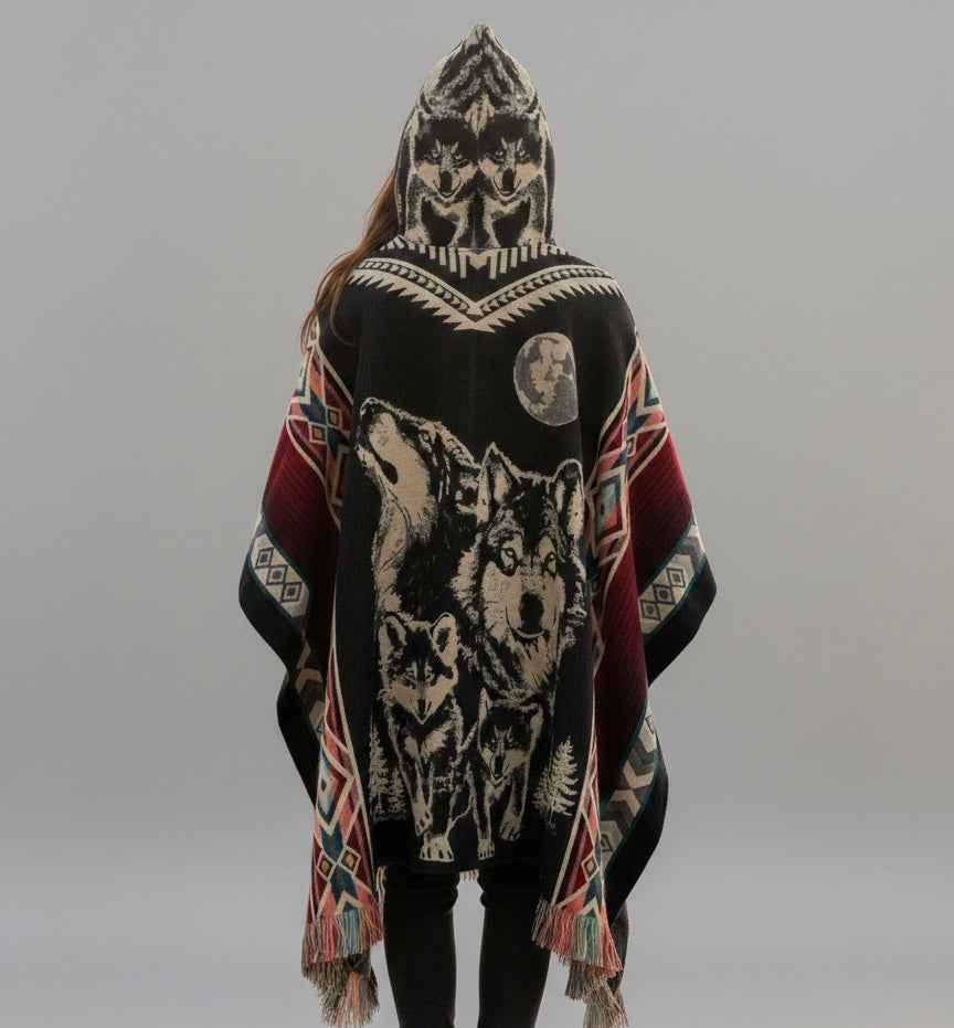 Wolf w/puppy wolf HandMade Wool Poncho