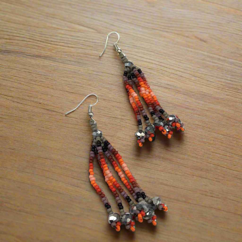 Grey Six-Strand Beaded Cascade Earrings