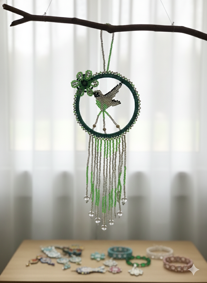 Turquoise and white Native Beaded Hummingbird