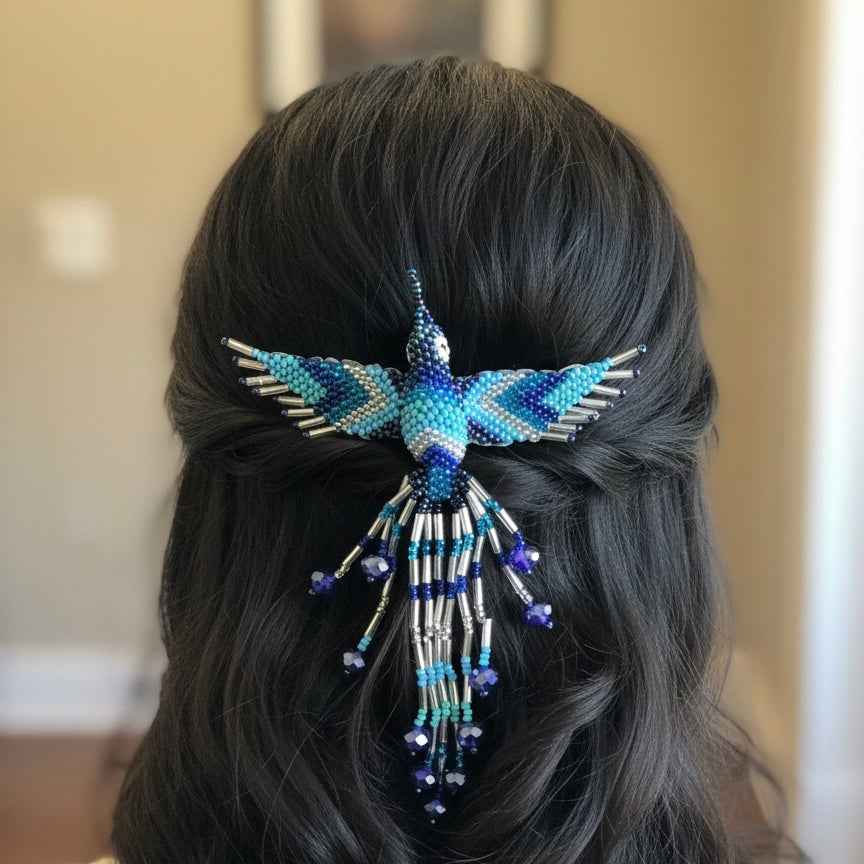 Blue and plate Hummingbird Barrette with Fringes