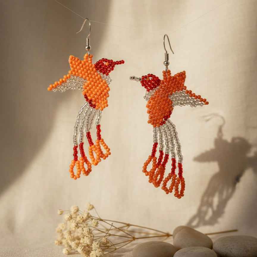 Handmade Beaded Hummingbird Earrings โ orange /white