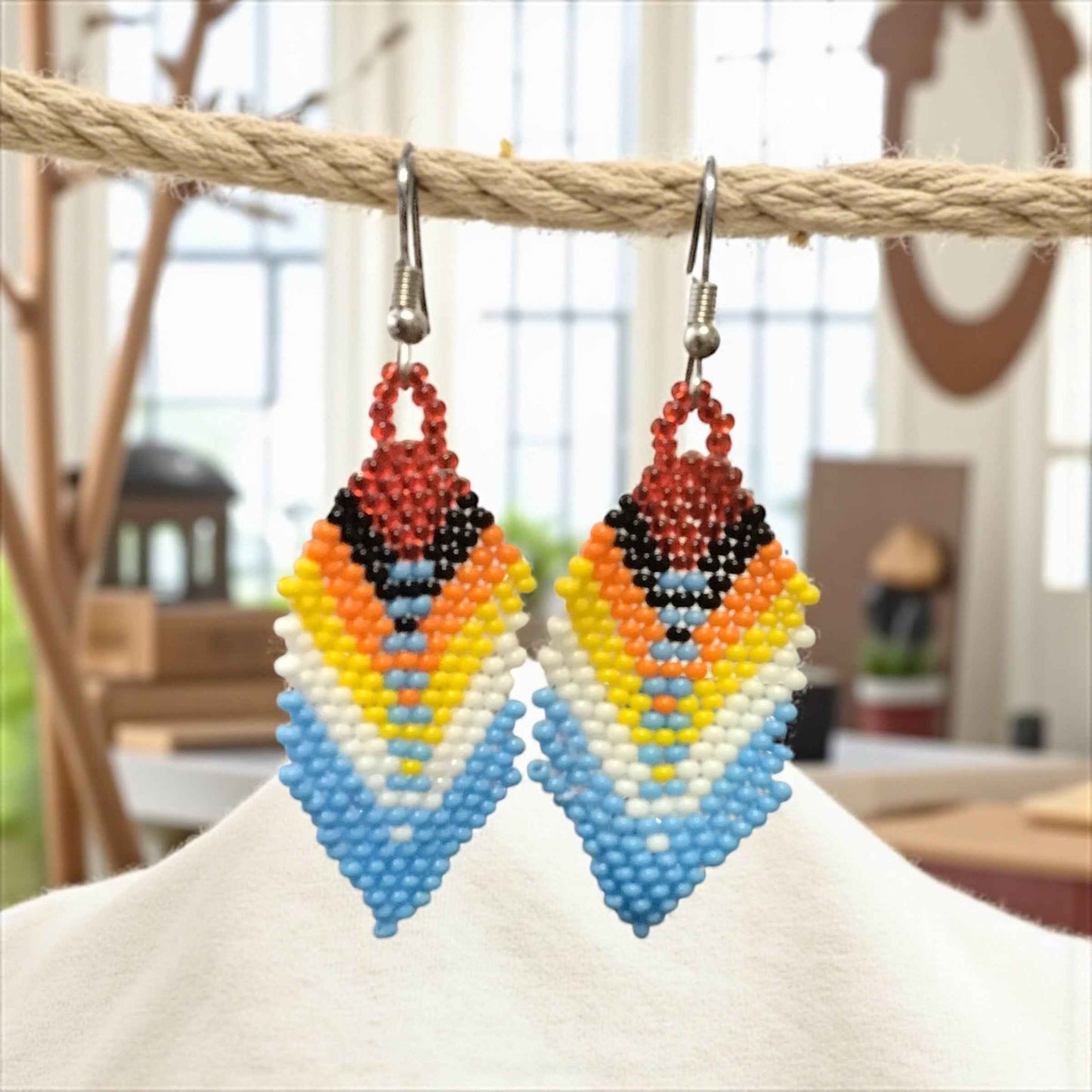 OldTribes™ Red and light Blue Beaded Feather Drop Earrings