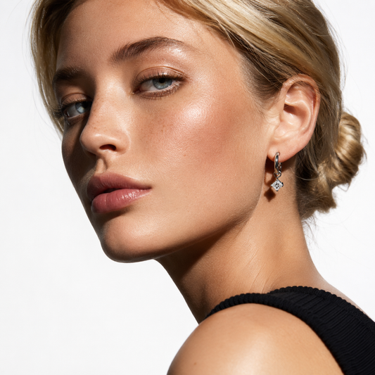 MORANDI White Gold (Silver Toned): Vintage Inspired Hoops with Removable Moissanite Charms
