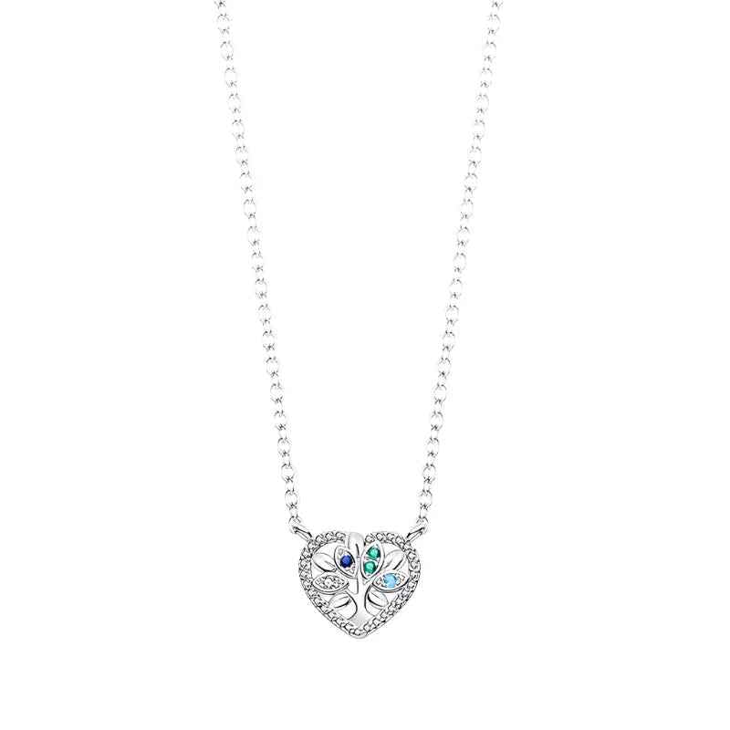 Family Tree Sterling Silver Pendant Necklace With Blue Gemstones