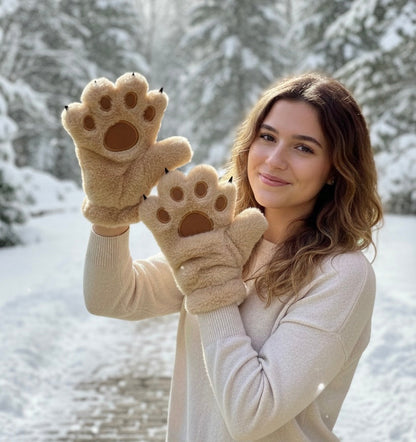 Brown Soft Plush Bear Paw Gloves