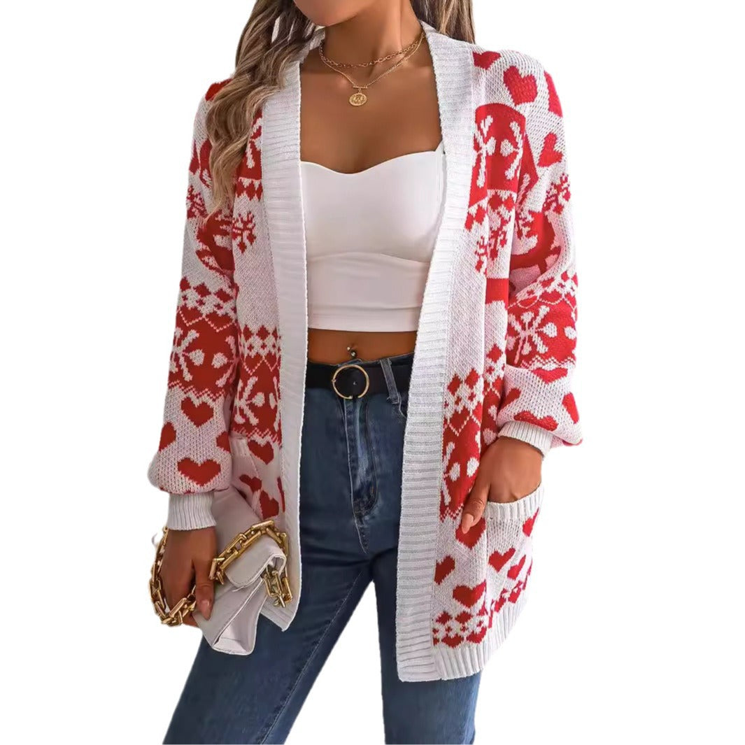Women's Christmas Deer Cardigan – Oversized Knit Sweater with Pockets for Winter