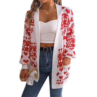 Women's Christmas Deer Cardigan – Oversized Knit Sweater with Pockets for Winter