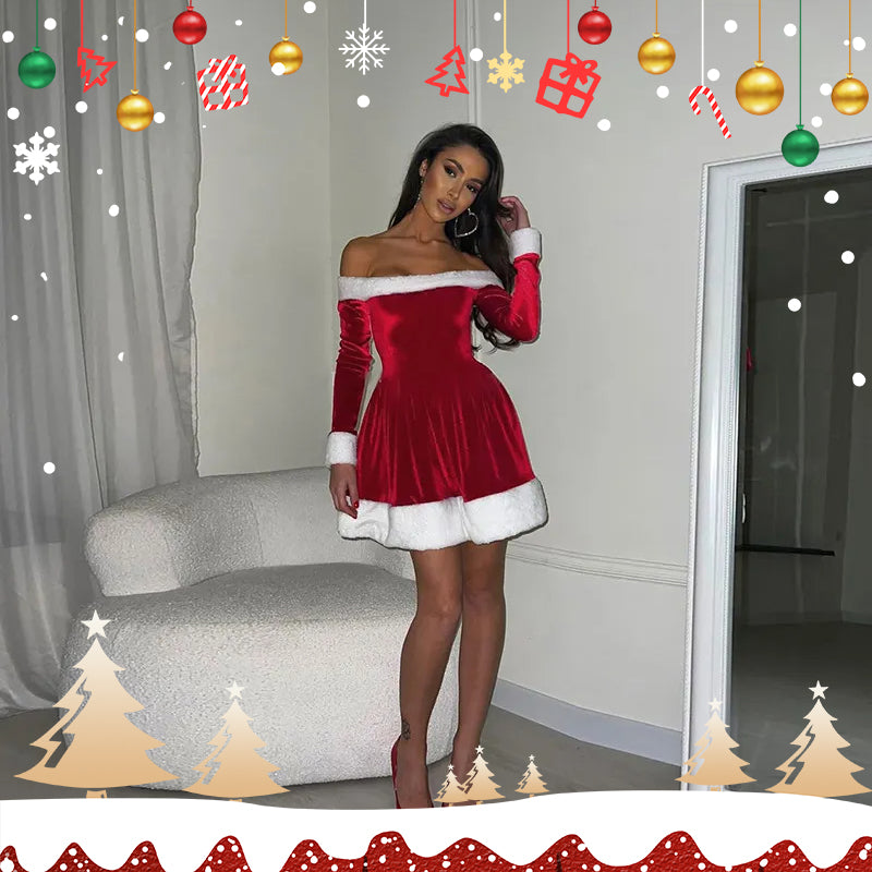 Women's Santa Costume Dress – Off-Shoulder Christmas Party Dress with Plush Trim