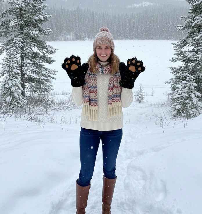 Black Soft Plush Bear Paw Gloves