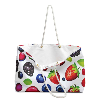 Mixed Berries Pattern Weekender Bag | Strawberries Blueberries Blackberries, Large Tote Bag