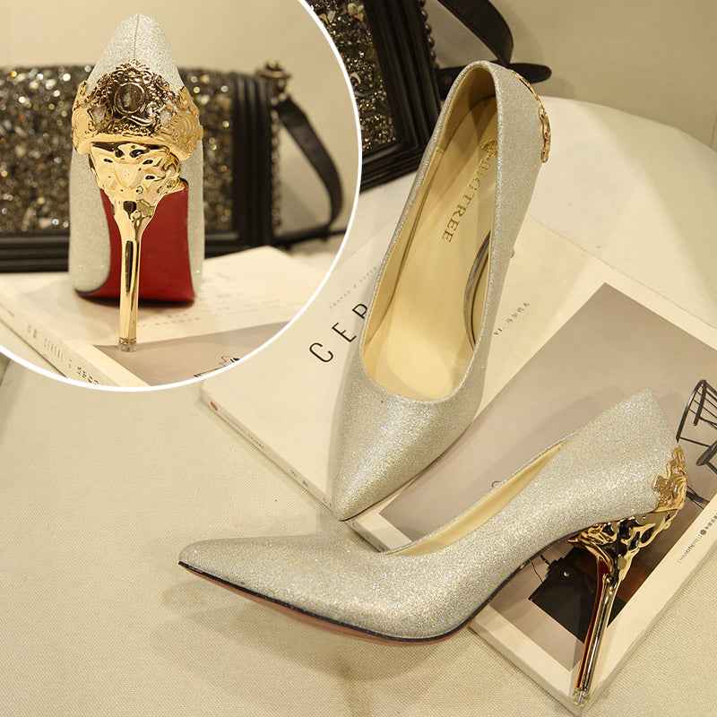 Women's Elegant High Heel Dress Shoes – Wedding Party Pumps with Luxury Metallic Design
