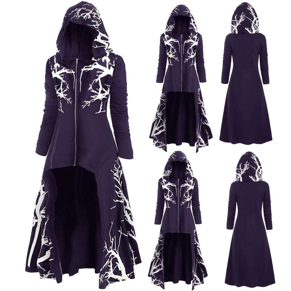 Gothic Halloween Cape Jacket for Women – Printed Long Sleeve Zip-Up Costume Coat