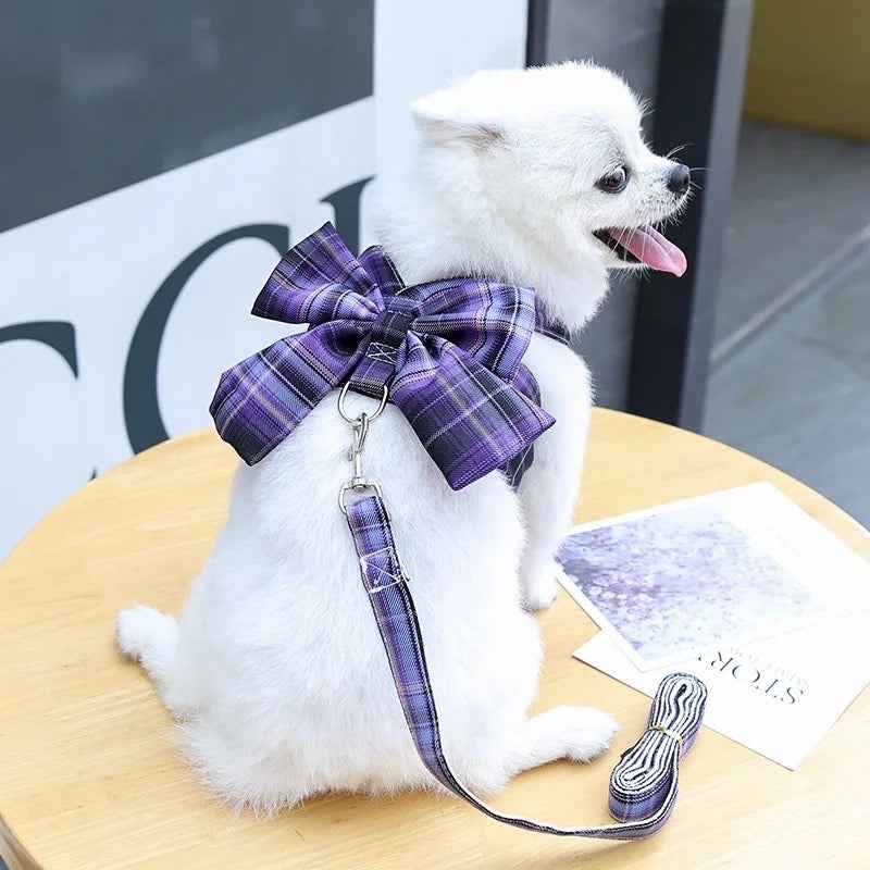 Vintage Plaid Bow Dog Harness and Leash Set | Dog Walking Outfit