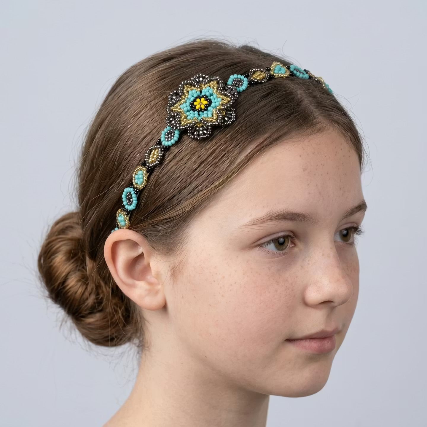 Beaded Headband with Flower Turquoise