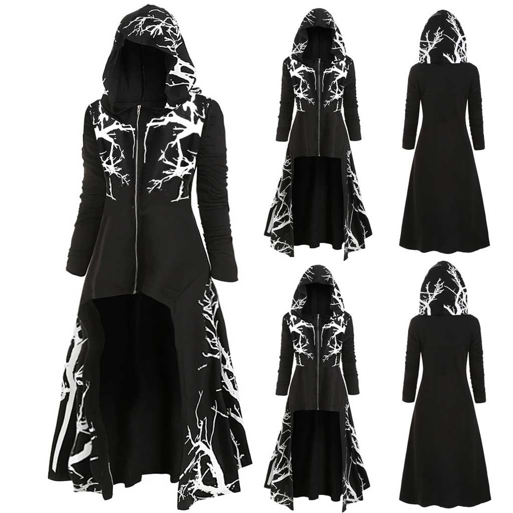 Gothic Halloween Cape Jacket for Women – Printed Long Sleeve Zip-Up Costume Coat