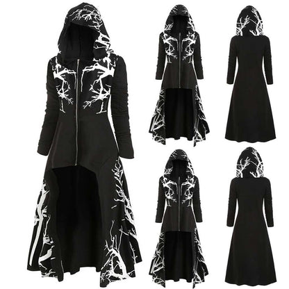 Gothic Halloween Cape Jacket for Women – Printed Long Sleeve Zip-Up Costume Coat