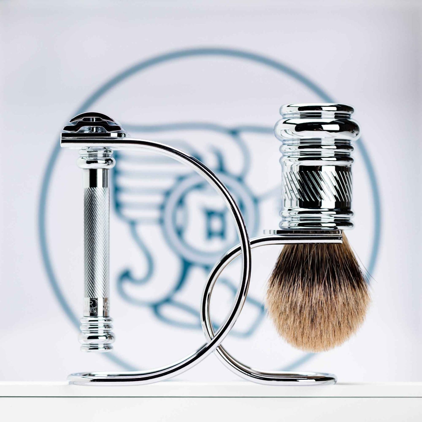 Merkur Shaving Set with MK-38001 Razor, Silver Tip Badger Brush and Curved 3-piece Stand, Chrome