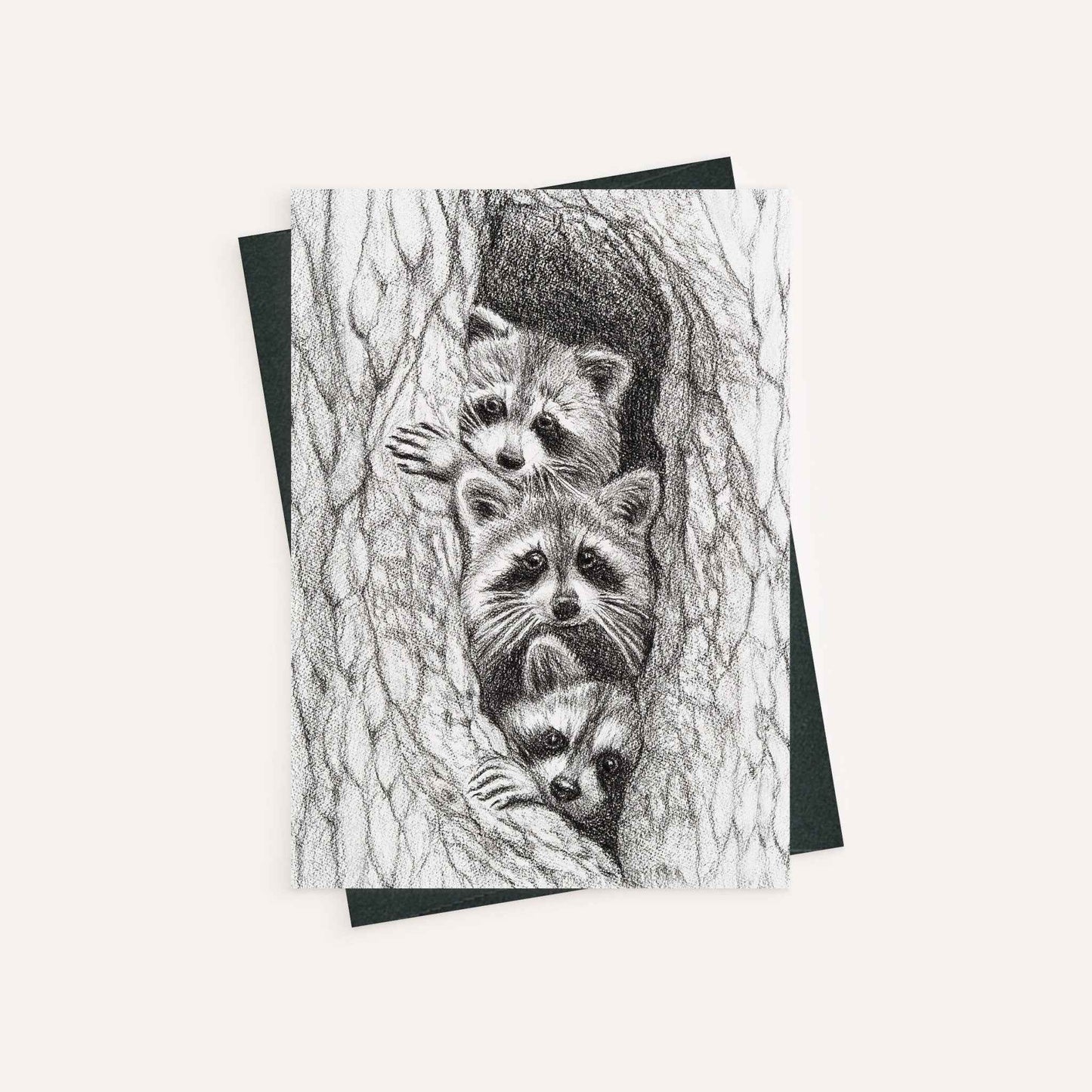 3 Raccoons in a tree - greeting card