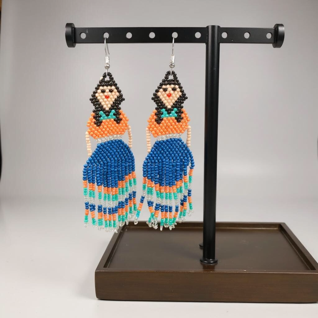 Blue Orange Beaded Ribbon Skirt Dancer Earrings