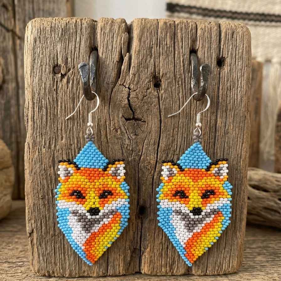 Fox Beaded Earrings (Blue)