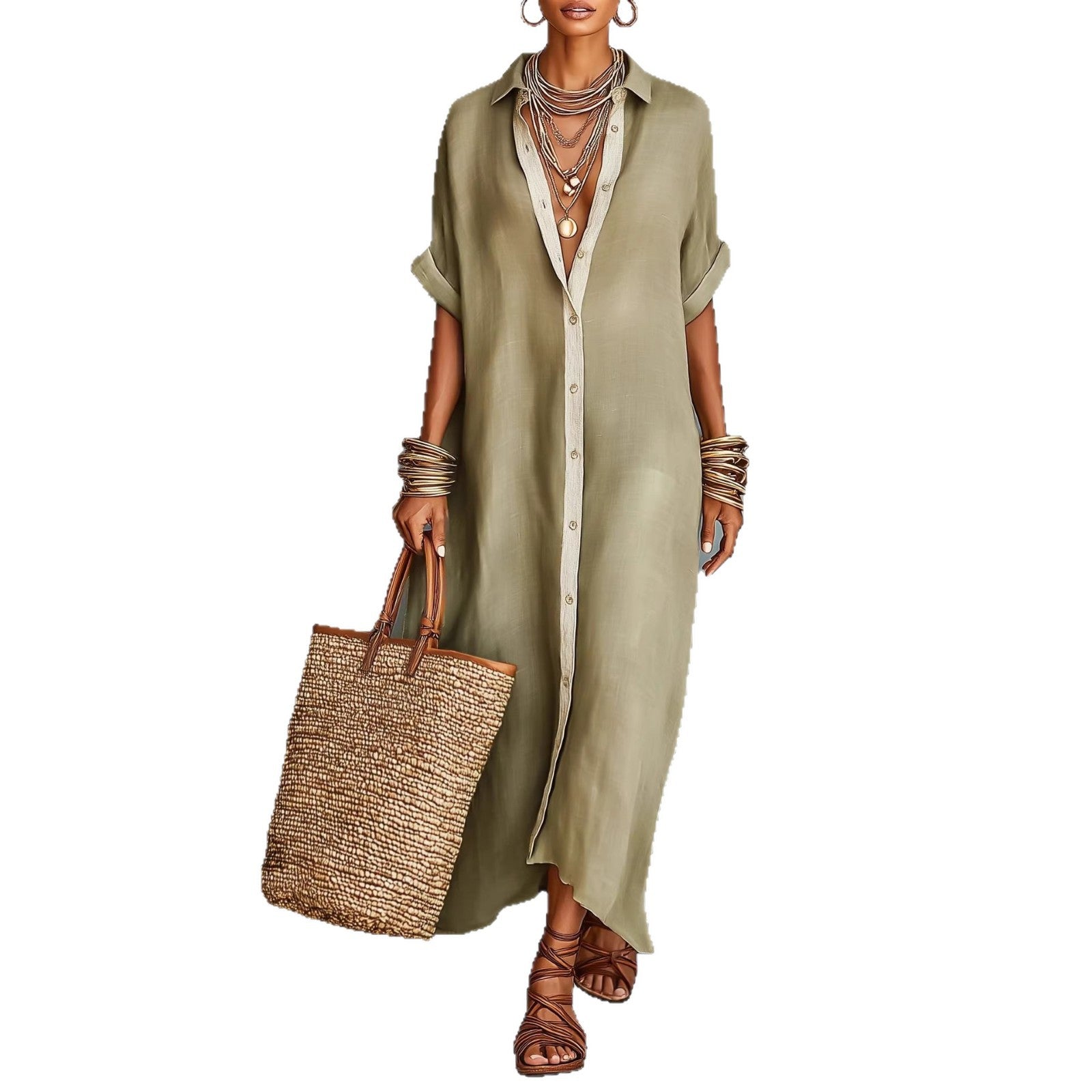 Women's Summer Maxi Shirt Dress – Lapel Collar Button-Up Casual Dress