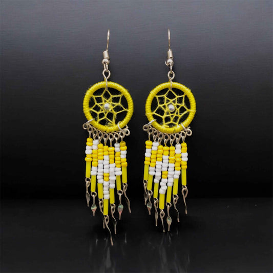 Yellow and white Beaded Dreamcatcher earrings
