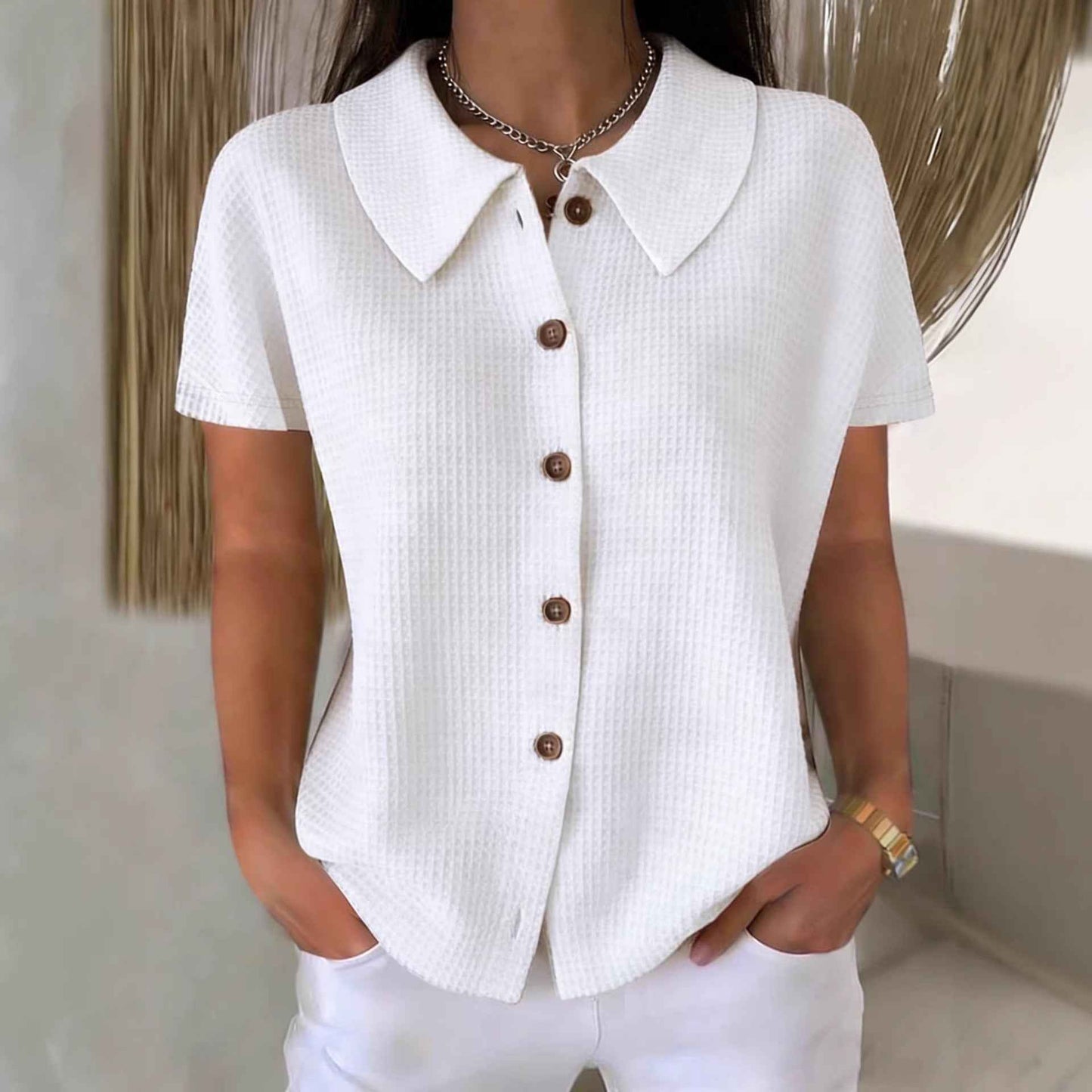 Turn-Down Collar Waffle Weave Solid Color Casual Loose Fit Short Sleeve Shirt - Women's Cotton Blend Lightweight Summer Top For Daily Wear