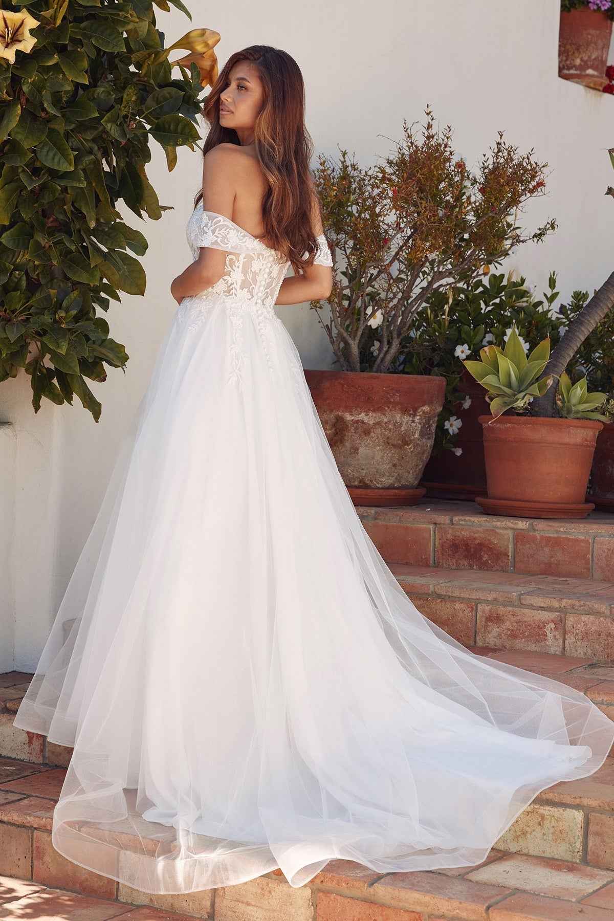 Off-Shoulder Wedding Gown with floral appliqué
