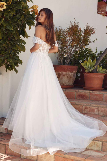 Off-Shoulder Wedding Gown with floral appliqué