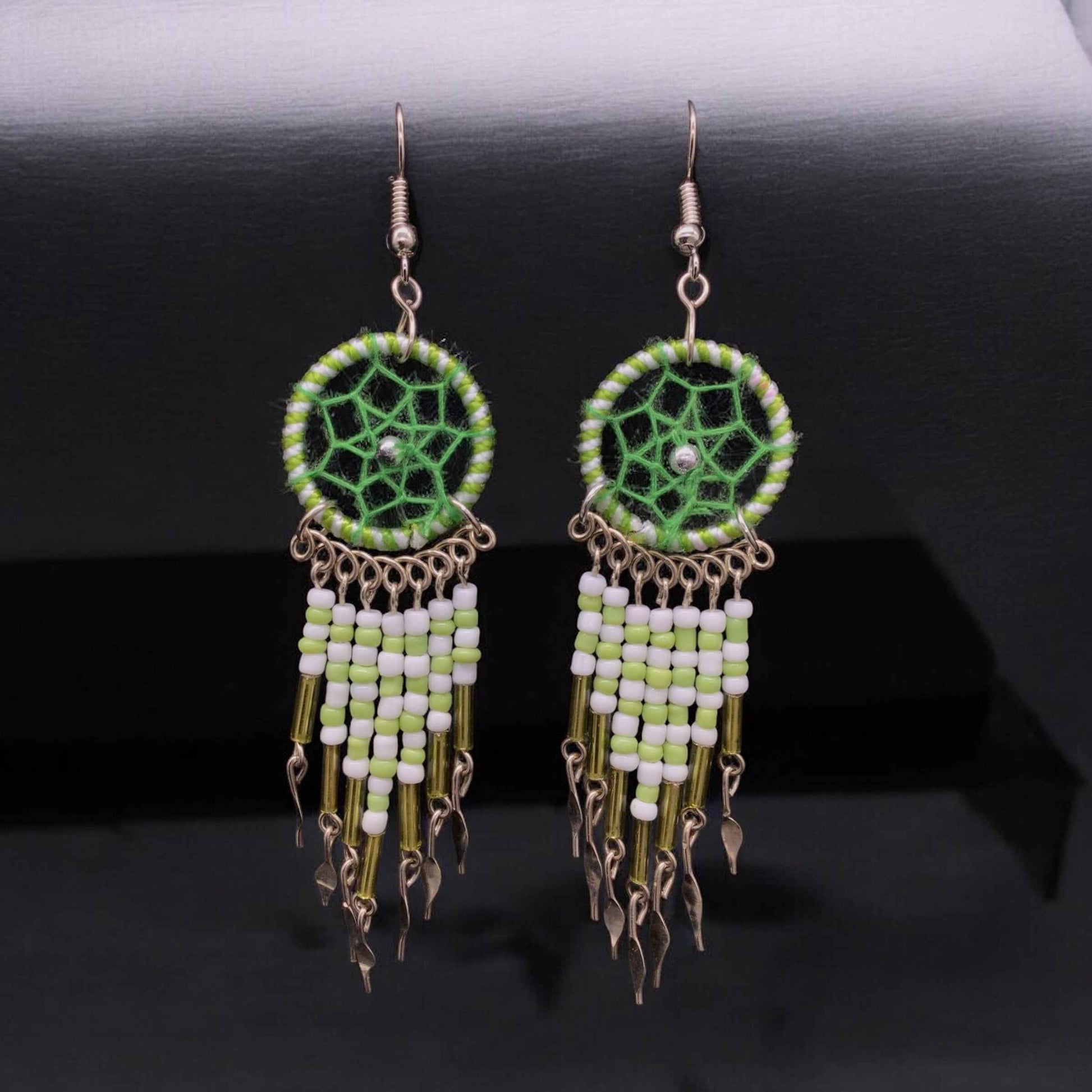 Green and White Beaded Dreamcatcher earrings