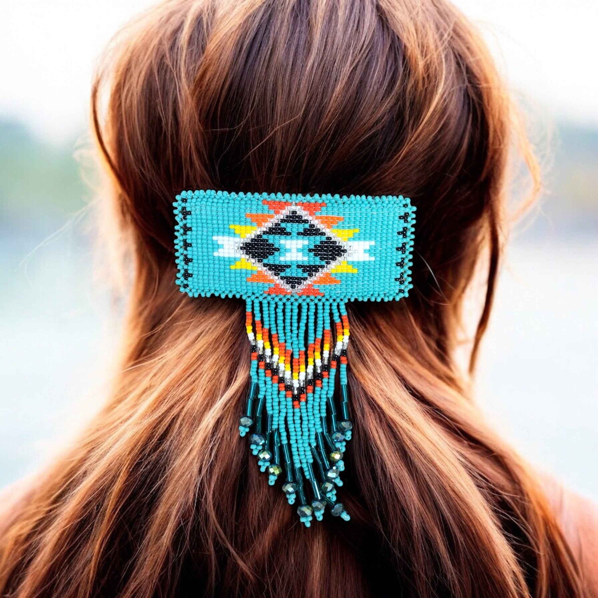 Rectangular Fringed Barrette - Turquoise and yellow