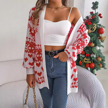 Women's Christmas Deer Cardigan – Oversized Knit Sweater with Pockets for Winter
