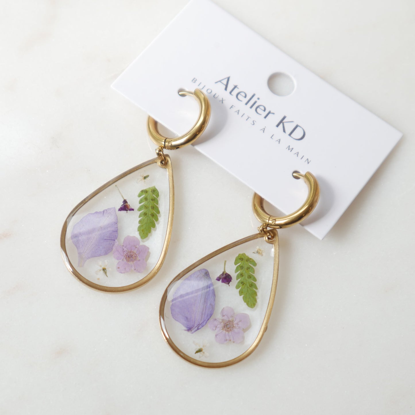 Boucles d'oreilles - les Violettes et la fougère - goutte (XL 32mm)