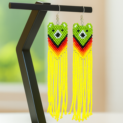 Green Yellow Native Bear Beaded Earrings