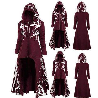 Gothic Halloween Cape Jacket for Women – Printed Long Sleeve Zip-Up Costume Coat