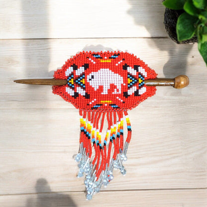 Buffalo Fringed Beaded Barrette & Wooden Stick