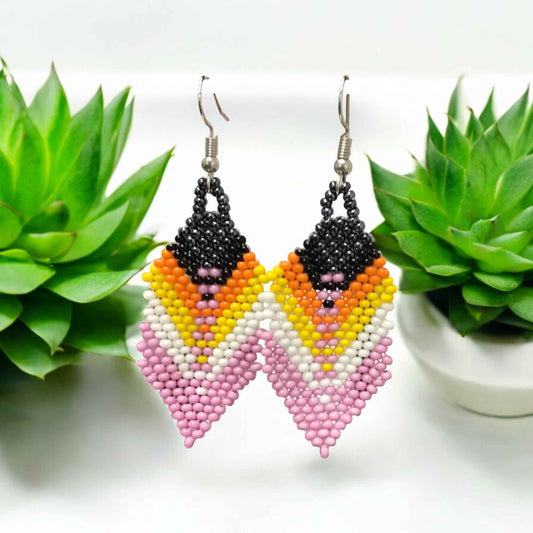 OldTribes™ pink and black Beaded Feather Drop Earrings