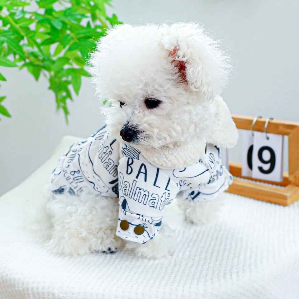 Sketch Print Dog Coat | Warm Dog Coat with Fur Trim