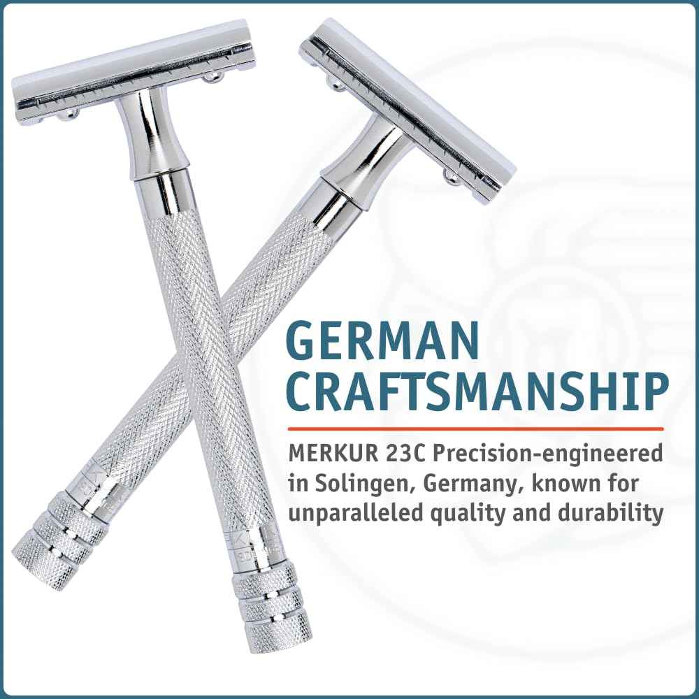Merkur 23C 3-Piece DE Safety Razor, Closed Comb, Knurled Extra Long Handle, Chrome