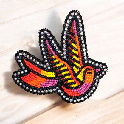 Red and Pink Beaded Hummingbird Barrette