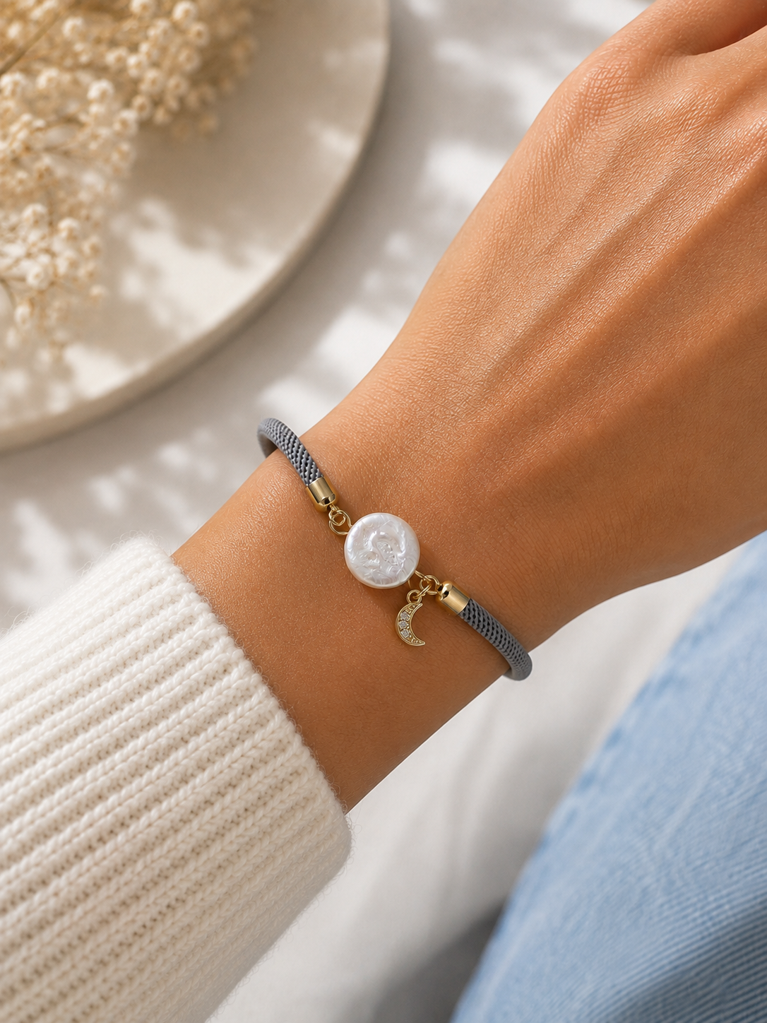 Keshi Pearl & Moon Cord Bracelet