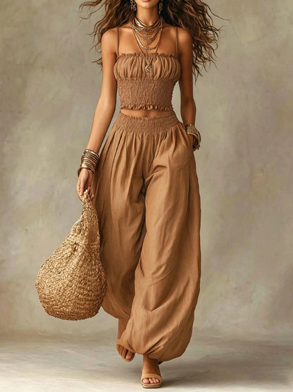 Women's Strapless Two Piece Set – Crop Top and Wide Leg Lantern Pants Outfit