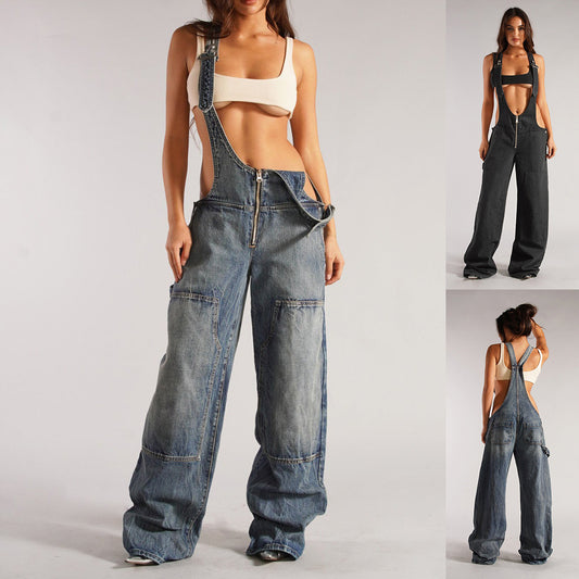 Women's Loose Fit Denim Jumpsuit – Y2K Wide Leg Suspender Overalls